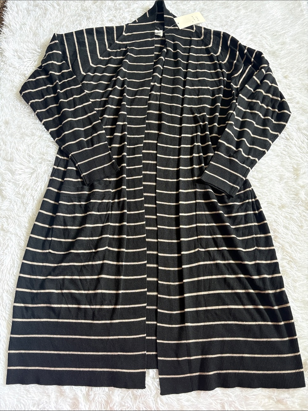 NWT A New Day Black And Taupe Stripe Long Sleeve Open Front Cardigan Size M